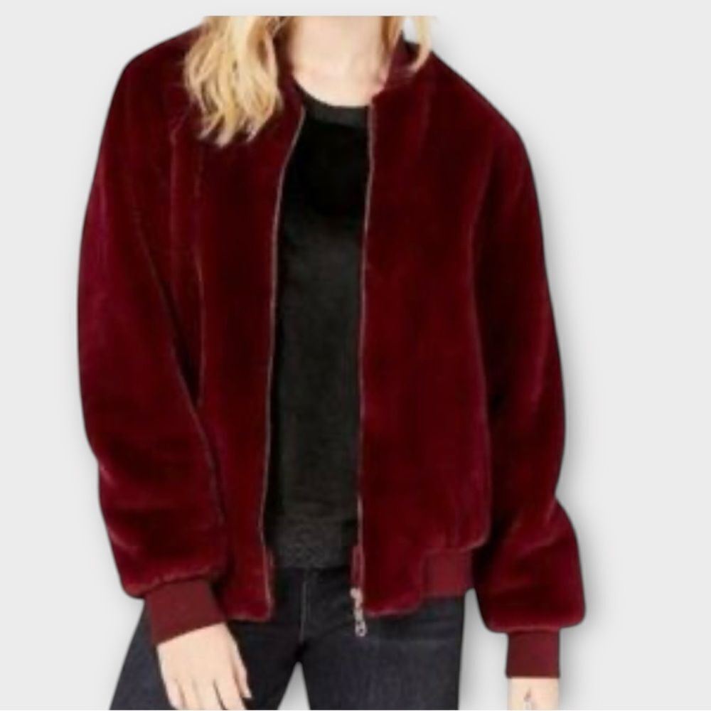Say What? Faux Fur Full Zip Jacket In Maroon Women’s Size M‎